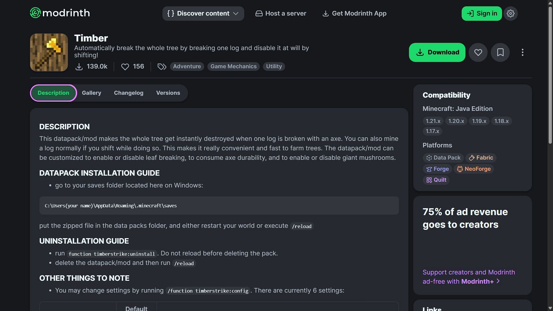 Timber mod can be downloaded from the Modrinth website. (Image via Modrinth/o-Peepo)